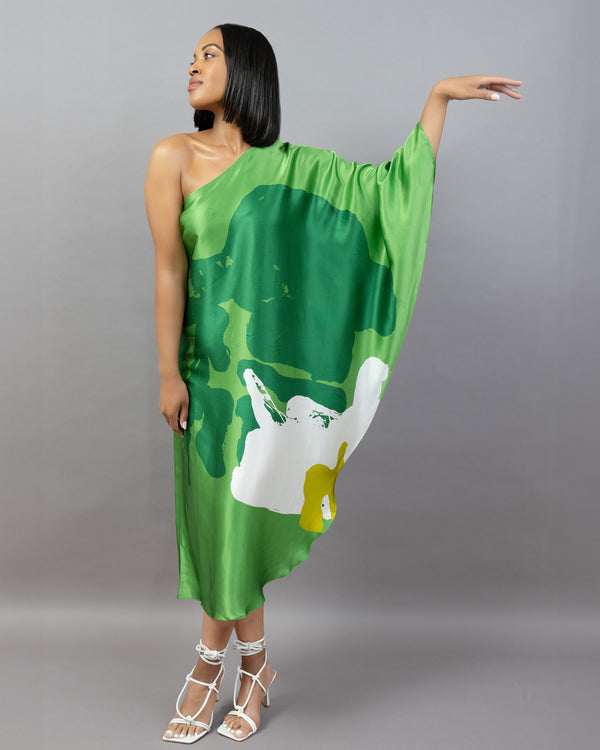 Two Greens Organic II One Shoulder Kaftan Dress