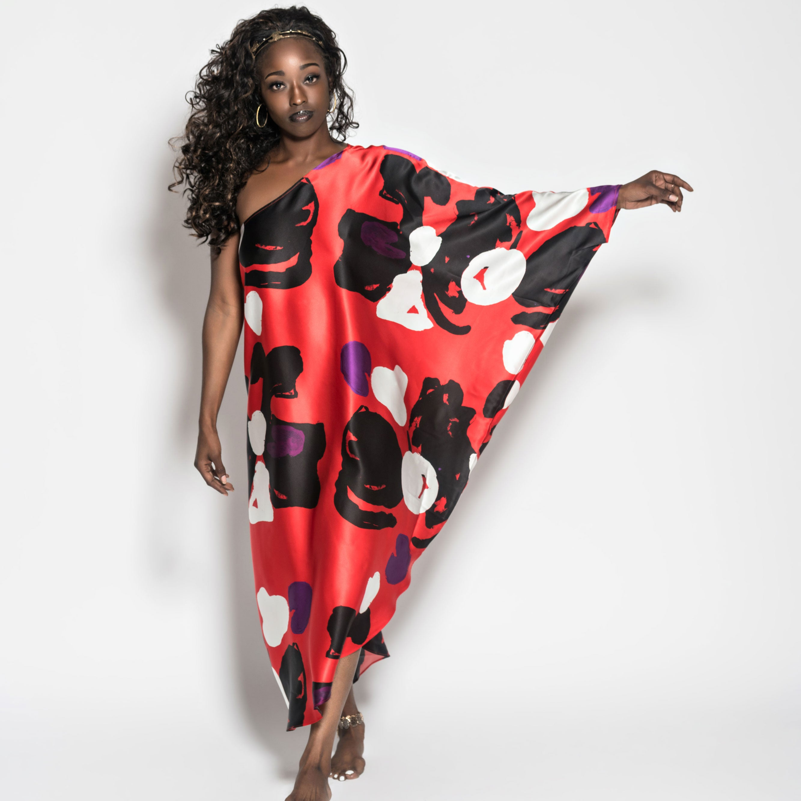 Red Black Tropical One Shoulder Kaftan Dress – Cedric Brown