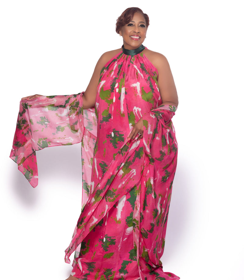 Pink Green Wall Splash Gathered Maxi Dress Cedric Brown Collection Pink Green Wall Splash Gathered Maxi Dress Cedric Brown Collection