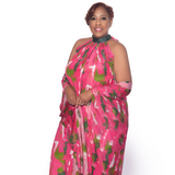 Pink Green Wall Splash Gathered Maxi Dress