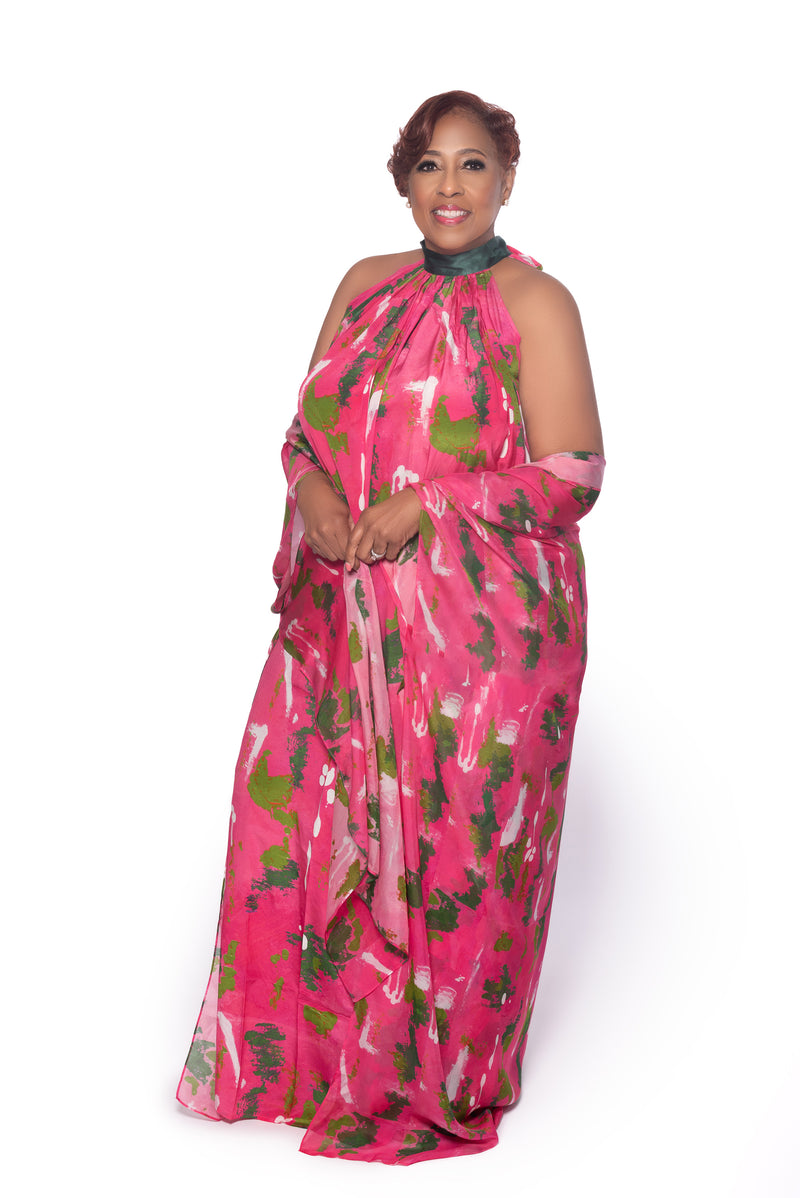 Pink Green Wall Splash Gathered Maxi Dress XL-XXXL Pink Green Wall Splash Gathered Maxi Dress XL-XXXL