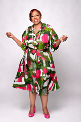Pre-Order Green Pink White Dots and Stripes Shirt Dress