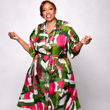 Pre-Order Green Pink White Dots and Stripes Shirt Dress