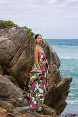 Green Pink White Dots and Stripes Bias Cut Strapless Dress