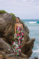 Green Pink White Dots and Stripes Bias Cut Strapless Dress