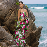 Green Pink White Dots and Stripes Bias Cut Strapless Dress