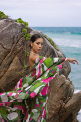 Green Pink White Dots and Stripes Bias Cut Strapless Dress