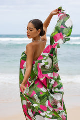 Green Pink White Dots and Stripes Bias Cut Strapless Dress