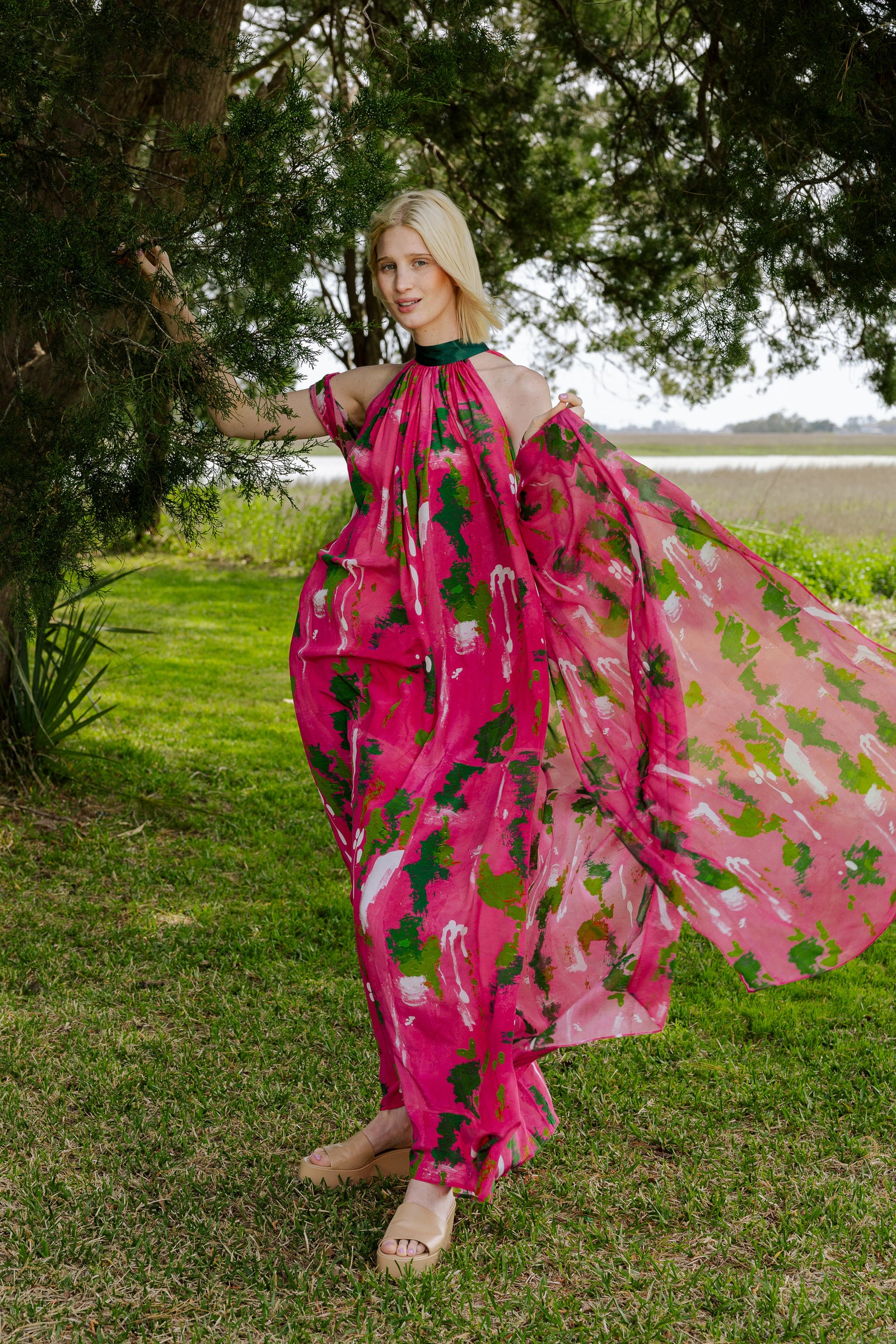 Pink Green Wall Splash Gathered Maxi Dress Cedric Brown Collection Pink Green Wall Splash Gathered Maxi Dress Cedric Brown Collection