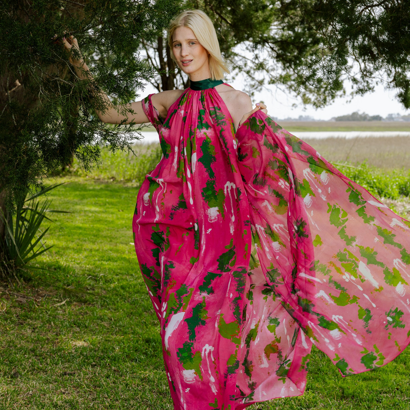 Pink Green Wall Splash Gathered Maxi Dress XL-XXXL Pink Green Wall Splash Gathered Maxi Dress XL-XXXL