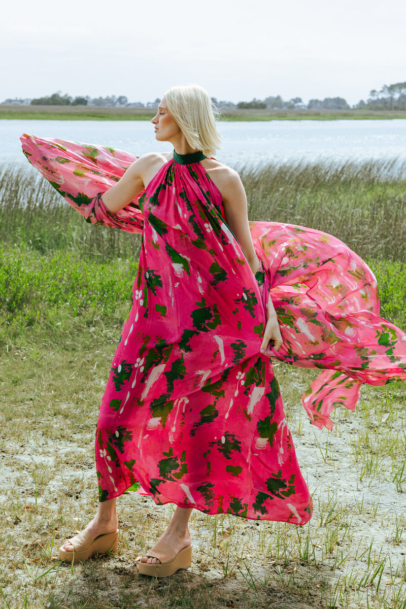 Pink Green Wall Splash Gathered Maxi Dress Cedric Brown Collection Pink Green Wall Splash Gathered Maxi Dress Cedric Brown Collection