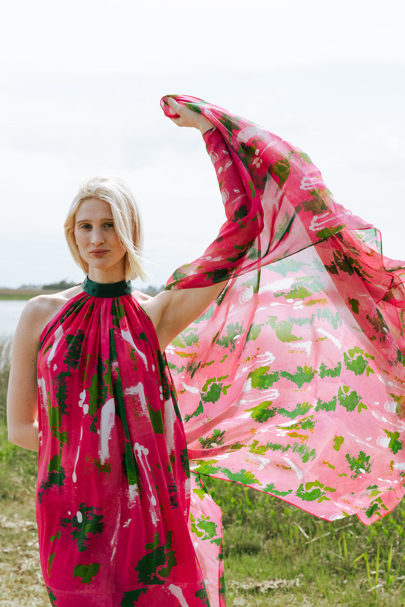 Pink Green Wall Splash Gathered Maxi Dress XL-XXXL Pink Green Wall Splash Gathered Maxi Dress XL-XXXL