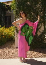 Pink Green Tropical Objects One Shoulder Kaftan Dress
