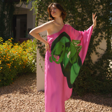 Pink Green Tropical Objects One Shoulder Kaftan Dress