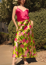Lime Green Pink Ivy Fields Bias Cut Long Skirt