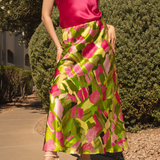 Lime Green Pink Ivy Fields Bias Cut Long Skirt