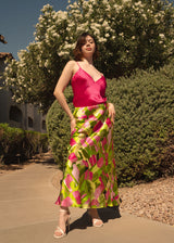Lime Green Pink Ivy Fields Bias Cut Long Skirt