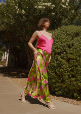 Lime Green Pink Ivy Fields Bias Cut Long Skirt