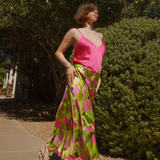 Lime Green Pink Ivy Fields Bias Cut Long Skirt