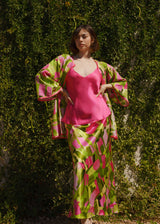 Lime Green Pink Ivy Fields Bias Cut Long Skirt