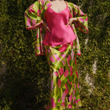 Lime Green Pink Ivy Fields Bias Cut Long Skirt