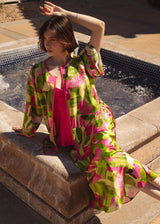Lime Green Pink Ivy Fields Silk Cardigan