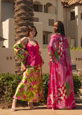 Lime Green Pink Ivy Fields Bias Cut Long Skirt