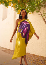 Yellow Ochre Purple Tropical Objects One Shoulder Kaftan Dress
