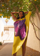 Yellow Ochre Purple Tropical Objects One Shoulder Kaftan Dress