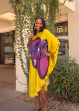 Yellow Ochre Purple Tropical Objects One Shoulder Kaftan Dress