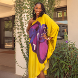 Yellow Ochre Purple Tropical Objects One Shoulder Kaftan Dress