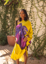 Yellow Ochre Purple Tropical Objects One Shoulder Kaftan Dress