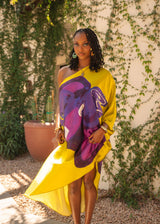 Yellow Ochre Purple Tropical Objects One Shoulder Kaftan Dress
