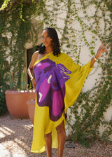 Yellow Ochre Purple Tropical Objects One Shoulder Kaftan Dress