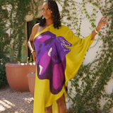 Yellow Ochre Purple Tropical Objects One Shoulder Kaftan Dress