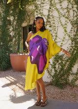 Yellow Ochre Purple Tropical Objects One Shoulder Kaftan Dress