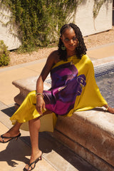 Yellow Ochre Purple Tropical Objects One Shoulder Kaftan Dress
