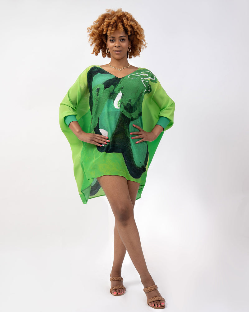 True Green Tropical Objects Kaftan Dress W/ Cuff