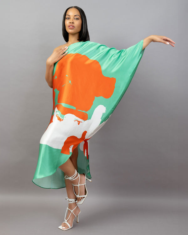 Aqua Orange Organic II One Shoulder Kaftan Dress