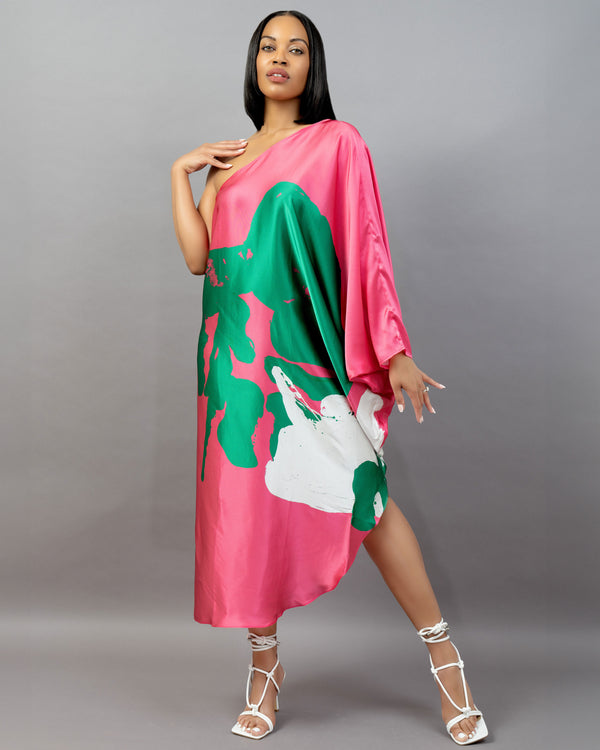Pink Green Organic II One Shoulder Kaftan Dress