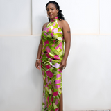 Lime Green Pink Ivy Fields High Neck Bias Cut Dress