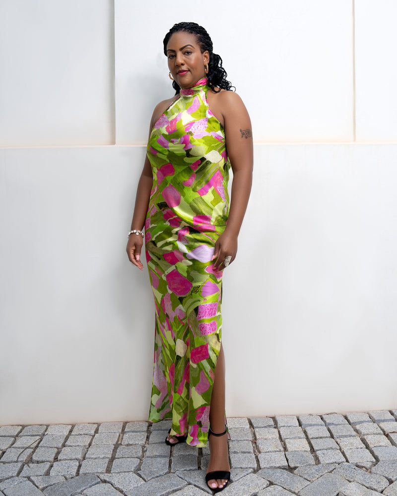 lime green and pink dress Pre-Order Ivy Fields High Neck Bias Cut Small size:7.5 Something Elegant Dress celebrity engagement dress whimsical energy thats perfect