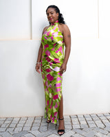 Lime Green Pink Ivy Fields High Neck Bias Cut Dress