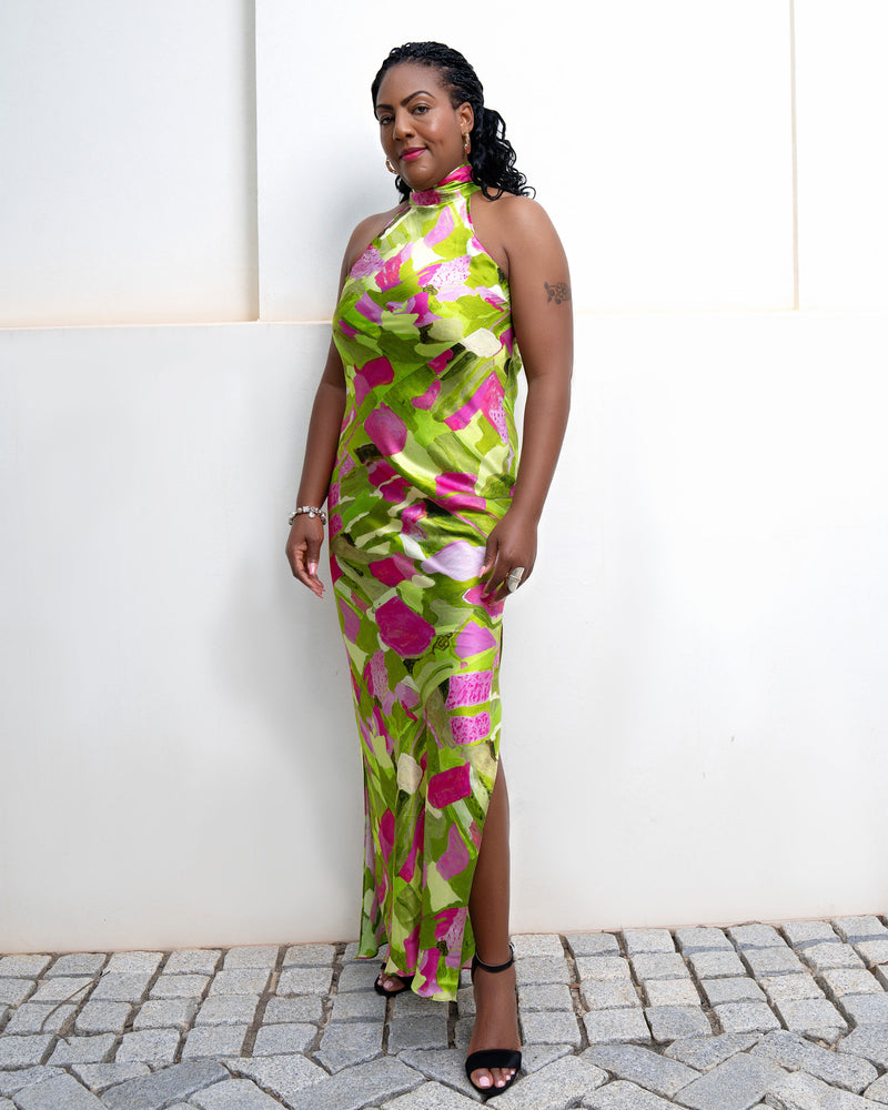 green silk bias cut dress Pre-Order Lime Pink Ivy Fields High Neck Small Size:L - Black Versace Women's White Leather sequin red dress Style #