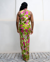 Lime Green Pink Ivy Fields High Neck Bias Cut Dress