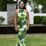 Green Vineyard Fields High Neck Bias Cut Dress