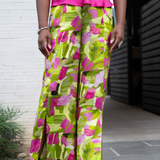 Lime Green Pink Ivy Fields Palazzo Pants W/ Slit