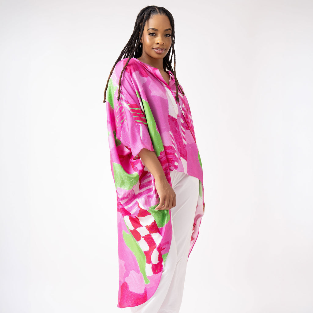 Pink Green White Checker Board Batwing High Low Tunic – Cedric