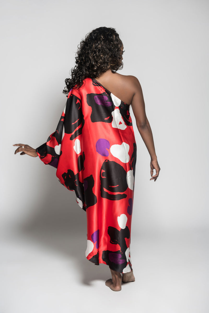 Red Black Tropical One Shoulder Kaftan Dress