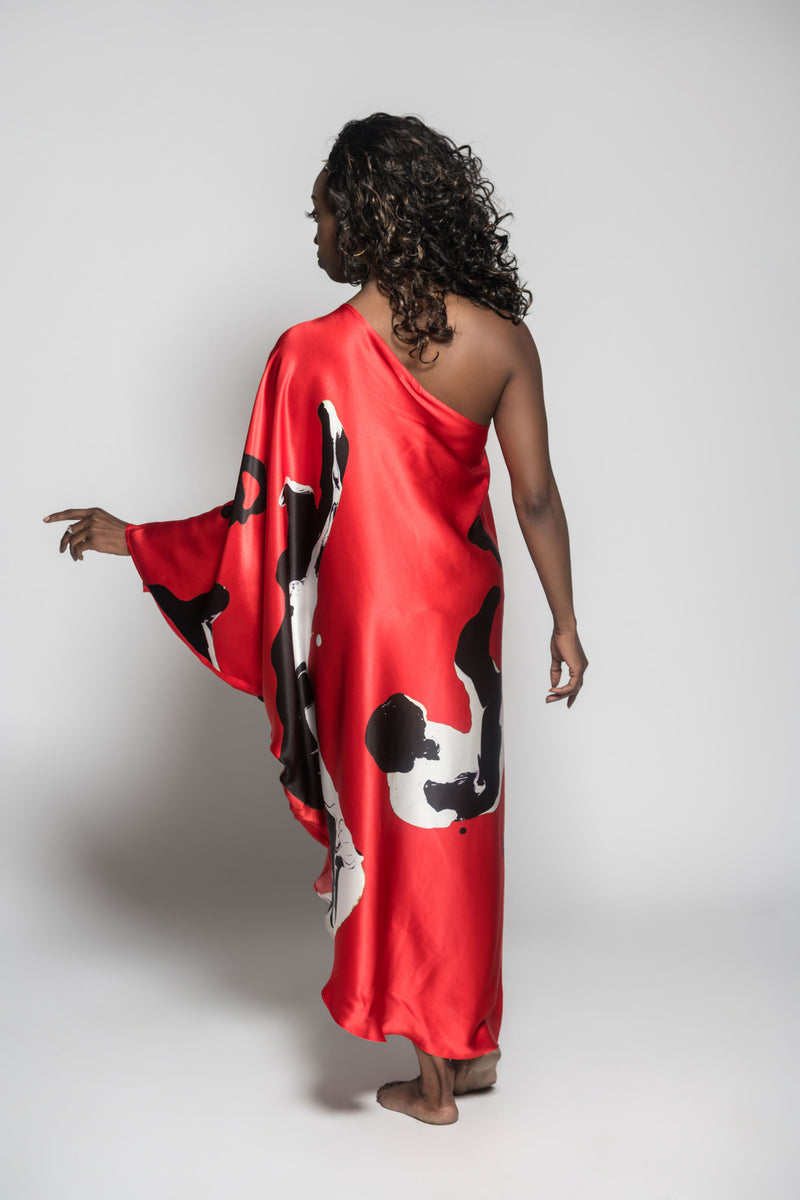 Red Black Marble One Shoulder Kaftan Dress